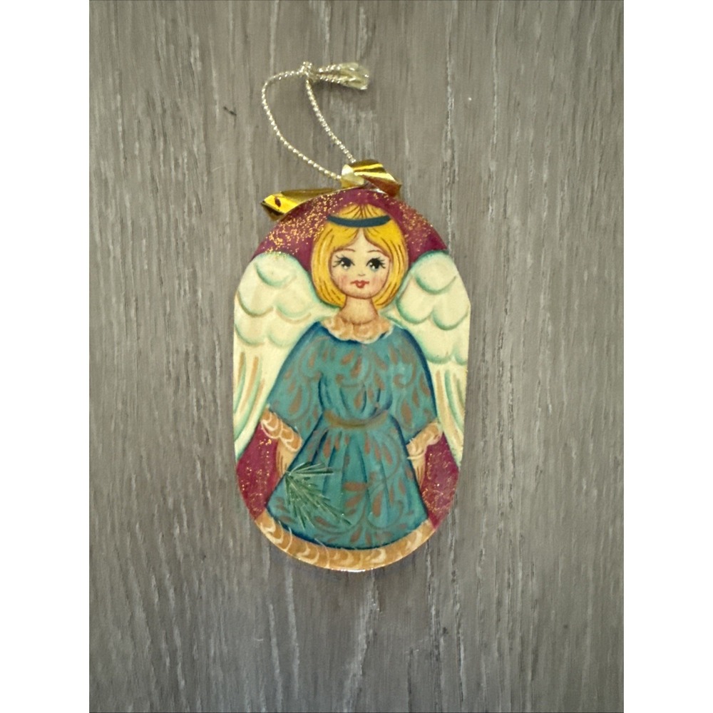 Carved Wooden Hand Made Angel Ornament Hand Painted Signed Christmas 4in
